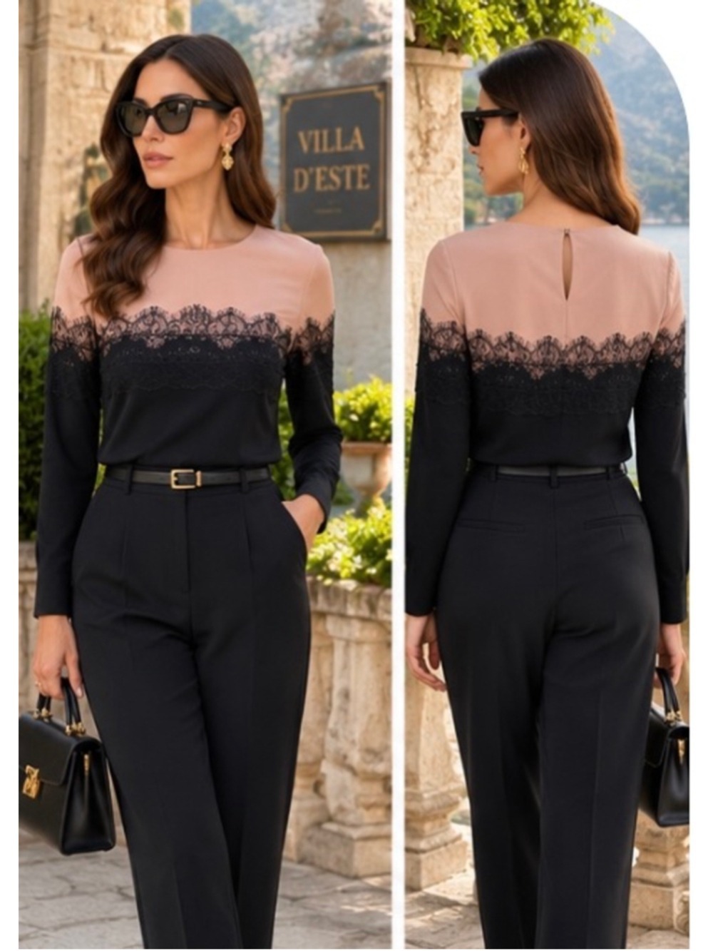 Paule Ka Paris Blouse Size 12 Black Beige Lace Trim Long Sleeve Top New